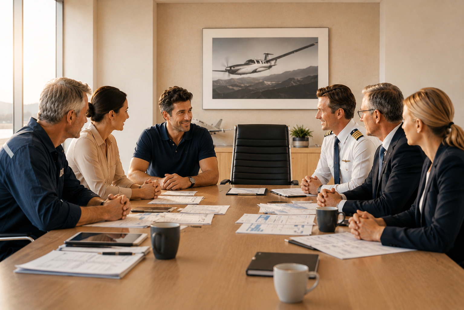 Operator in conference room looking at empty chair across the table from him